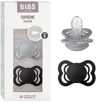 BIBS Supreme Schnuller 2er-Pack, BPA-frei, Symmetrischer Nippel. Silikon, Hergestellt in Dänemark. 0-6 Monate (2er Pack), Cloud/Black