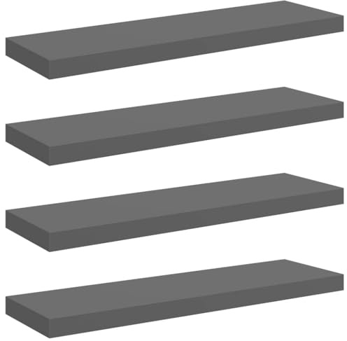 vidaXL Floating Wall Shelves, Resistant and Durable Honeycomb MDF and Metal Frame, High Gloss Grey, Invisible Mounting System, Set of 4, Size: 80 x 23.5 x 3.8 cm