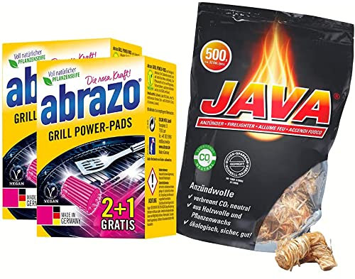abrazo Grillreinigungs-Set - 6 Grillreiniger + 32 Java Grillanzünder - Kaminanzünder, Anzünder Holzwolle Wachs, Grill Reiniger für Reinigung v. Rost