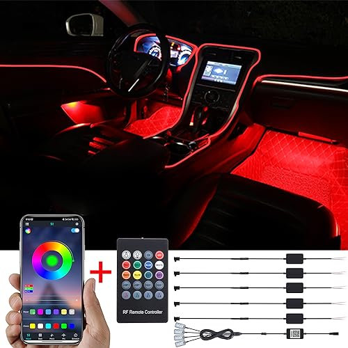 TABEN Kit d'éclairage ambiant de voiture, 6 mètres de fibre optique intégrée multicolore Footwell Éclairage d'ambiance Music Sync Sound Active, télécommande et contrôle d'application Bluetooth 12V-24V
