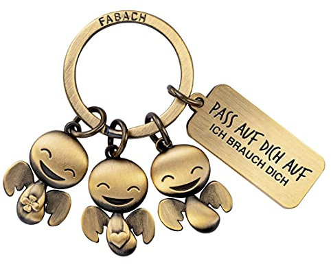 FABACH Schutzengel Schlüsselanhänger Happy-Trio mit Gravur - Auto Schlüsselanhänger Engel mit Botschaft Gravur für Autofahrer - Geschenk Glücksbringer Auto Führerschein - Pass auf dich auf
