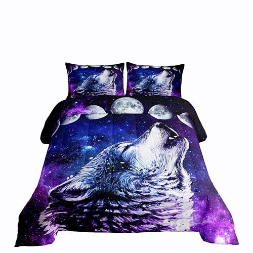 Erosebridal Bettwäsche-Set mit heulendem Wolf, Sternenhimmel, volle Größe, Galaxie-Serie, Bettdecken-Set für Kinder, Teenager, Jugendliche, Männer, Trippy-Sterne, Mond, Bettdeckenfüller,