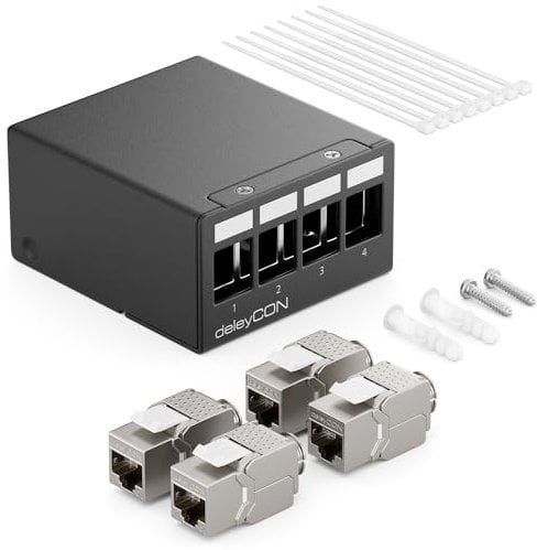 deleyCON Panneau de Brassage 4 Ports Kit Panneau de Distribution 1U + 4x RJ45 Modules Keystone Jack STP CAT6a Compatibles avec Câble Fixes CAT5 CAT6 CAT6a CAT7 Câbles Réseau Ethernet LAN DSL- Noir