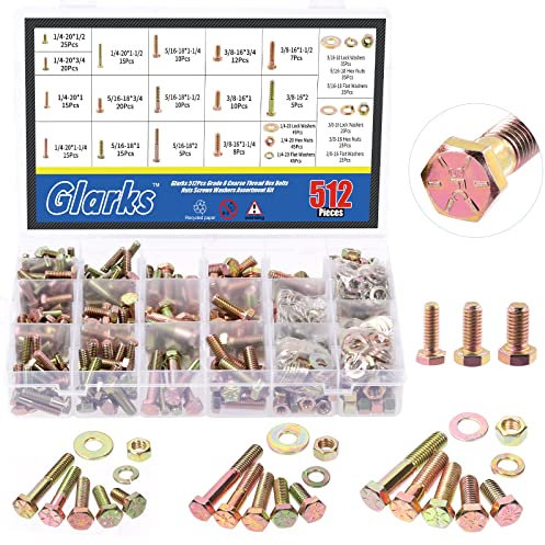 Glarks 512 Stück Grobgewinde Sechskantschrauben Muttern Schrauben Unterlegscheiben Sortiment Kit, 1/4-20 5/16-18 3/8-16 Zoll 15 Größe Sechskantschrauben und Sechskantmuttern flache Unterlegscheiben