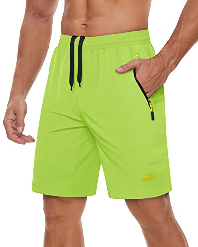 TACVASEN Running Shorts Men Breathable Gym Shorts Men Zip Pocket Sports Shorts Men Outdoor Shorts for Men Workout Shorts Men Training Shorts for Men Yellow Green