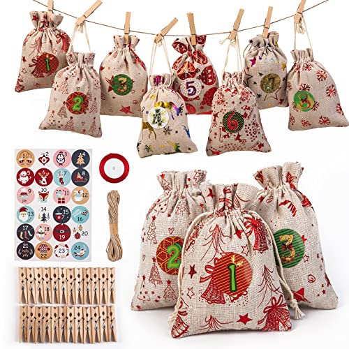 Bulnqyk Weihnachten Adventskalender-Taschen, Weihnachtsmuster, Jute-Taschen, DIY-Geschenkbeutel, zum Verpacken von Geschenken, 24 Stück (150 x 99 mm)