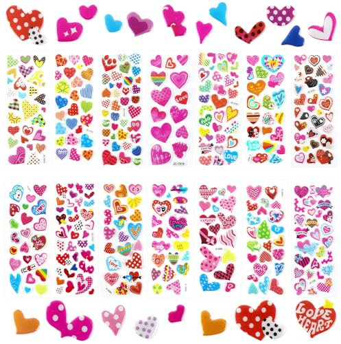UPINS Herz Sticker, 14 Blatt Herz Aufkleber 3D Puffy Herzsticker Schaumstoff Herzaufkleber Kinder Valentinstag Aufkleber Liebe Sticker