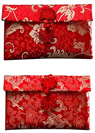 Confezione da 2 buste in seta rossa, tasca rossa cinese ricamata con dragone fenice | Lucky Money Hongbao - Busta per contanti per Capodanno, festa di primavera, matrimonio, compleanno, bottone con nodo cinese