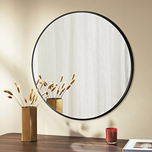Wandspiegel 80cm Spiegel mit Schwarz Metallrahmen, Badspiegel HD Groß Badezimmerspiegel Rund Metall Rahmen Abgerundete Wandmontage Kosmetikspiegel für Badezimmer Wohnzimmer Waschräume Schlafzimmer