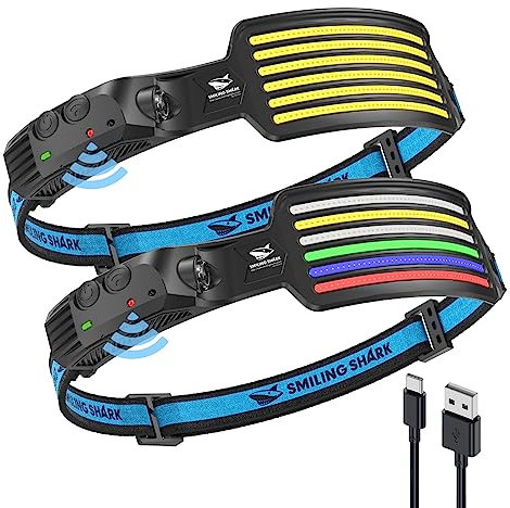 Smiling Shark LED Kopflampe, 2 Stück Wide Angle 6*LED Weiß Rot Blau Grün Licht die Super Hellste Stirnlampe Wiederaufladbar Wasserdichte Camping Angeln, Stirnlampe-LED-Headlamp-Camping-Kopflampe