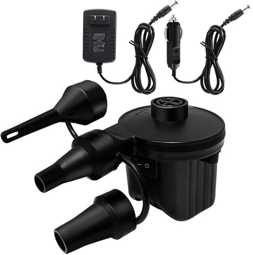 Newpol Inflatable Bed Pump, Electric (100 Gallons/Min), Multipurpose, 3 Nozzles, Compact Size, 12V/110V-240V, Includes Adapters
