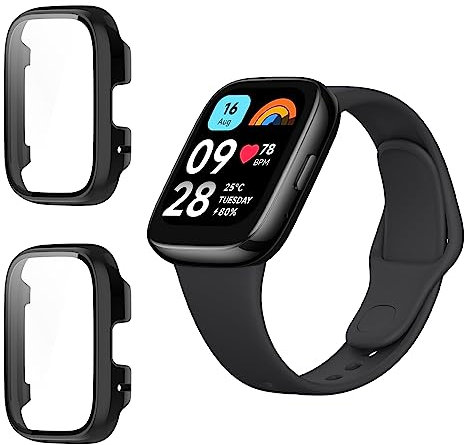Dabuu Funda para Xiaomi Redmi Watch 3 Active/3 Lite, Carcasa Protector Duro PC Marco con Cristal Templado Protector de Pantalla Anti-Choque Parachoques Anti-Arañazos Case Cover - Negro [2 Piezas]