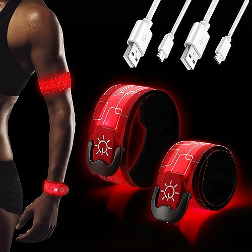 DazSpirit 2 Stück LED Armband Aufladbar, USB Reflective LED leucht Armbänder Lichtband, Band leuchtarmband Kinder Nacht Sicherheits Licht für Joggen Laufen Hundewandern Running Outdoor Sports (Rot)