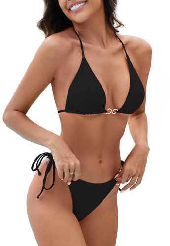 Evolyline Damen O Ring Bikini Set 2 Stück Damen Bikini Badeanzug Sexy Tanga Spaghettiträger Triangel Badeanzug Badeanzug, 1-schwarz, Medium