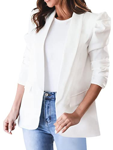 Damen Jacke Lässiger Damen- mit Puffärmeln, offene Front, Büro-, Bussiness-Jacken, Arbeitsanzug mit Taschen Winter Damen Mantel Pulver (White, L)