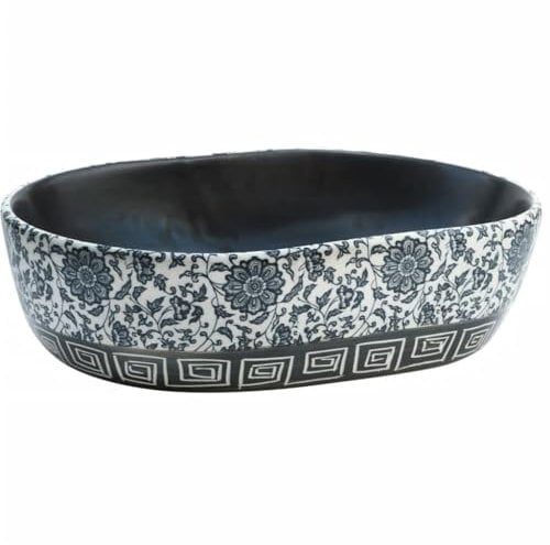 vidaXL Aufsatzwaschbecken, Oval Waschbecken mit Muster, Handgefertigt Waschtisch Waschschale für Badezimmer, Handwaschbecken Spülbecken, Schwarz Blau 47x33x13 cm Keramik
