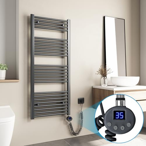 Heilmetz Scaldasalviette Elettrico Bagno 1200x500mm con Termostato Digitale, Temperatura Regolabile Termoarredo Elettrico Bagno Radiatore Elettrico Basso Consumo da Parete Verticale, Antracite