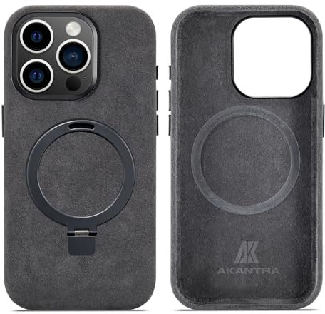 AKANTRA Alcantara Hülle für Apple iPhone 15 Serie, handgefertigt, vollständig umwickelt, synthetisches Wildleder, magnetischer Haltering, kompatibel mit Magsafe kabellosem Laden (Schwarz, iPhone15 Pro