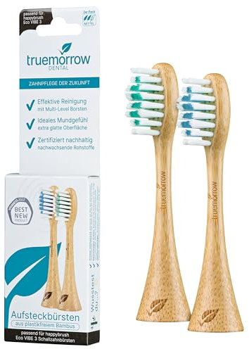 truemorrow Nachhaltige Aufsteckbürsten aus Bambus für happybrush Eco VIBE 3 Schallzahnbürste | 2 Stück | plastikfreier biologisch abbaubarer Griff | vegan klimaneutral | Mittlere Borsten | Blau Grün