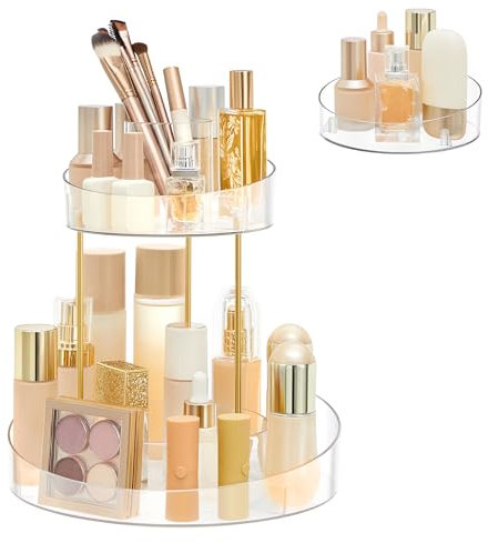 SONGMICS Makeup Organiser Rotating, Extra Top Tray Included, 2-Tier Round Skincare Organiser, Customisable, Large Capacity, Versatile for Vanity Bedroom Kitchen, Transparent JKA027W02