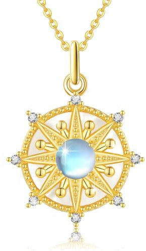 REDSUN Stern Kette 925 Sterling Silber Mondstein Anhänger Halsketten Zirkon Gold Achtzackiger Stern Halskette Mondstein Schmuck für Geschenke Damen Mädchen Kinder