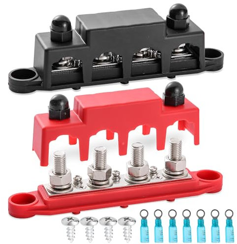 12V-48V DC Power Distribution Block 250A Bus Bar with 4 x M10 Posts Terminal Block with Cover for Automotive, RV, Boat, Yacht (Black & Red)