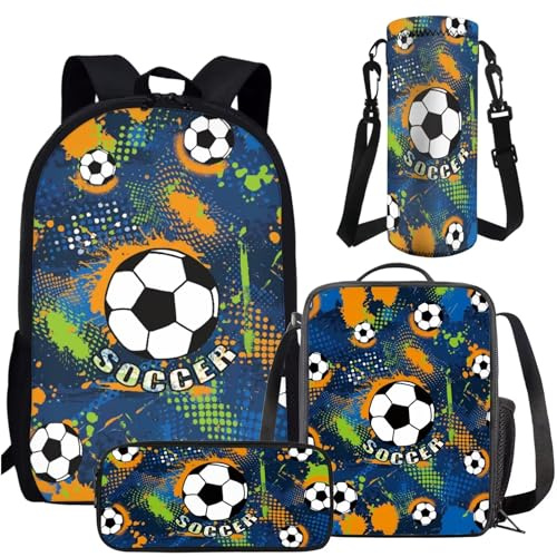 Amzbeauty Rucksack mit Mottenmotiv und Libellen-Druck, für Jungen und Mädchen, Schulrucksack mit Lunchbox, Federmäppchen, Wasserflaschenhalter, Soccer-7