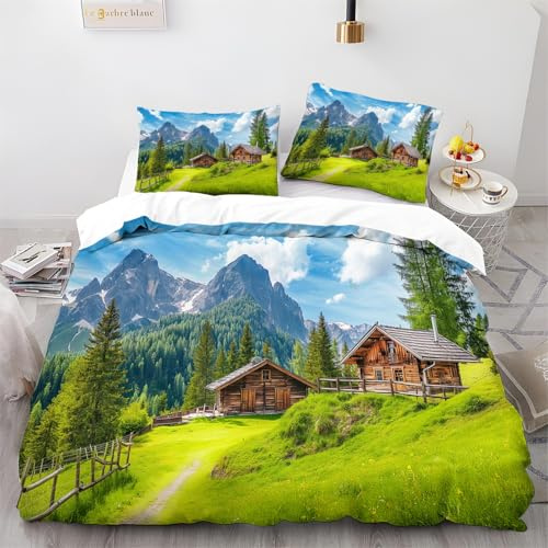 Generisch Bettwäsche-Set mit Berglandschaft und Hütten Motiv, Weicher Mikrofaser Grün Bettbezug 135 x 200 cm, 3-teilig mit 2 Kissenbezügen und Reißverschluss