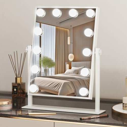 MirraShine schminkspiegel mit Beleuchtung 32cm X 47cm, Spiegel mit Beleuchtung 12 Dimmbare Glühbirne, Smart Touch Hollywood Spiegel, 360°Drehung(Weiß)