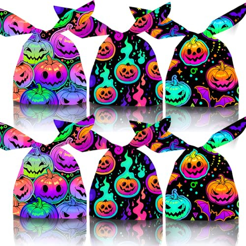 Halloween Geschenktüten, 50 Stück Halloween Tütchen für Süßigkeiten(A) | Trick or Treat Taschen · 3 Designs · Bandzug · Lebensmittelsicher