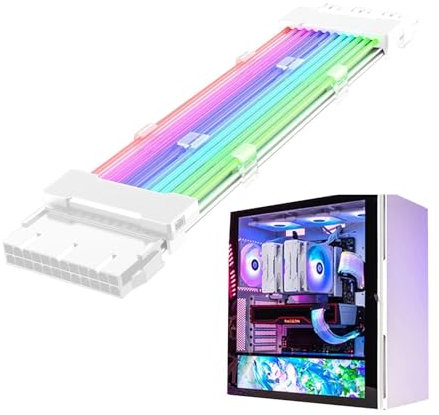 PC Energy Supply Cable – RGB Light-Emitting Wire Extension ATX | Synchronized PSU Cable With Color Mode, ARGB Cable Extension Kit, PVC + Tinned Copper, 26.5cm White Cable For Computer Modification