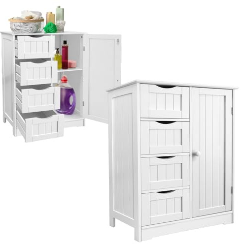 Qimu 4-Drawer Floor Standing Cabinet Unit Bathroom Storage Cabinet with 1 Door, 4 Drawer Floor Storage Cupboard Wooden Storage Unit White Chest of Drawers