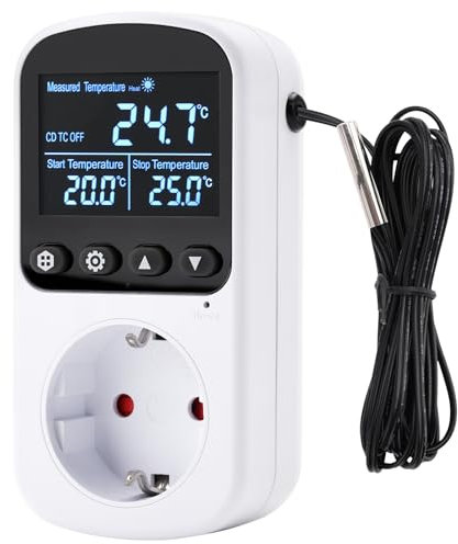 Aideepen Digital Thermostat Steckdose, Countdown Temperaturregler 230V 16A mit Fühler für Aquakultur Gewächshäuser Terrarium Heizung Kühlung
