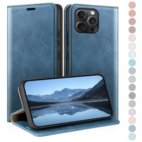 HUOUH for iPhone 16 Pro 6.3 Wallet case with RFID Blocking PU Leather,Flip Folio Book covers,Credit Card Holder Shockproof Phone case Women Men for Apple 16 Pro case Bright Blue