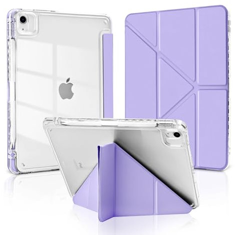 MuyDoux Funda Origami para iPad Air 11 6ª Gen M2 2024, iPad Air 5/4 10,9 Pulgadas (2022/2020) con Portalápiz, Soporte Vertical y Horizontal, Carcasa Trasera Transparente Clara Antigolpes MoradoClaro