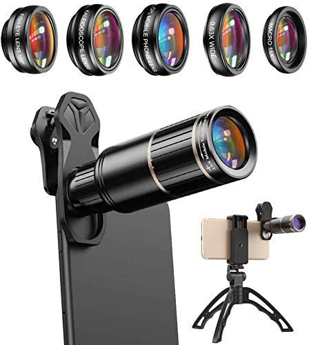 J2Q744AOLPP 6 in 1 Phone Camera Lens Kit, Metal 16X Telephoto Zoom Lens, Wide Angle, Macro, Fisheye, Kaleidoscope, CPL, for iPhone/Samsung/Smartphone, Binoculars
