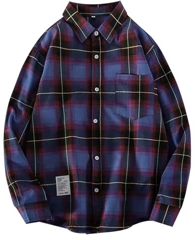 Generisch Camicia a quadri da uomo a maniche lunghe, casual, a maniche lunghe, con bottoni, a maniche lunghe, con tasca sul petto, vestibilità normale, casual, per autunno, Lilla, L