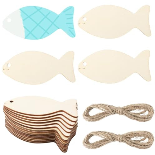 GORGECRAFT 20 Stück Unlackierter Holzfisch 9.9x4.6cm Blanke Holzausschnitte Scheiben Mit Loch Fischförmige Geschenkanhänger Aus Holz Mit 2 Stück 2 m Langen Hanfseilen Für Sommer Strand Nautische Weih