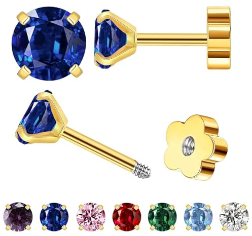 Kleine Gold Stud Flat Back Ohrringe für Frauen Mädchen, 14K Gold plattiert Cubic Zirkonia Schraube Zurück Tiny Ohrringe, Hypoallergen Flatback Zierlichen Knorpel Ohrring (Blauer Saphir)