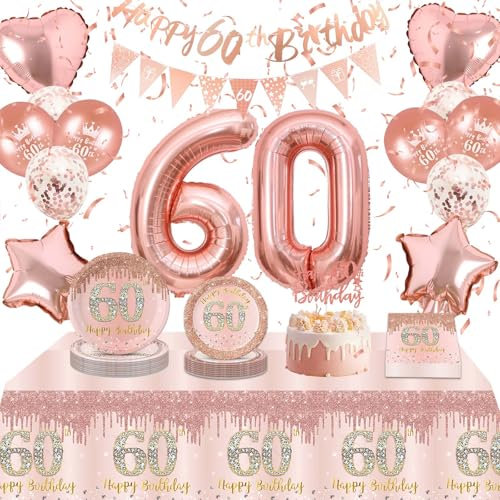 Rose Gold 60th Birthday Party Decorations Tableware Set Include 60th Birthday Balloons, Banner, Tablecloth, Cake Topper, Plates and Serviettes for Girls, Women,Her Party Birthdays Supplies Decoration