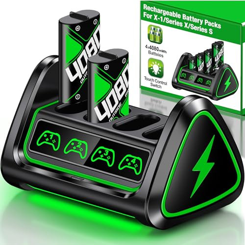 4 batterie da 4080 mWh per controller Xbox One/Series S/X, stazione di ricarica con luce RGB, batteria ricaricabile compatibile con controller wireless Xbox Series X|S/X/Elite