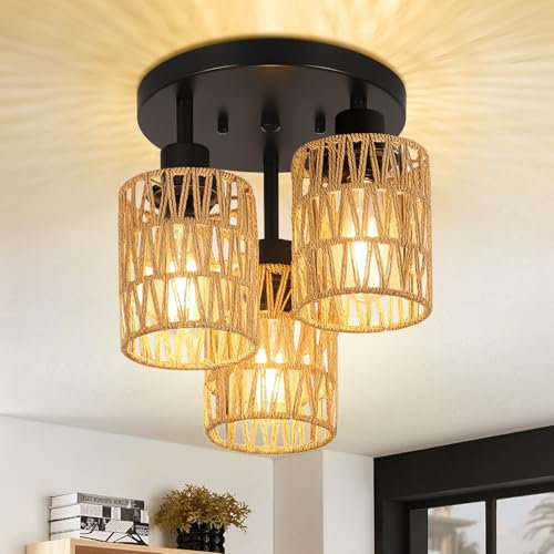 Mlihove Rattan Deckenlampe Hängend 3-flammige, Boho Deckenleuchte mit Rattan Lampenschirm, Rustikal Bambus Hängelampe Vintage E27 Korb Lampe für Wohnzimmer Schlafzimmer Küche Balkon Flur Bar