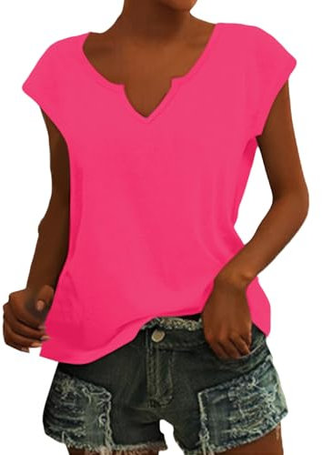 Hauts d'été pour femmes, manches courtes, col en V, t-shirts décontractés pour sorties, chemisiers fluo, Z03-Rose vif, L