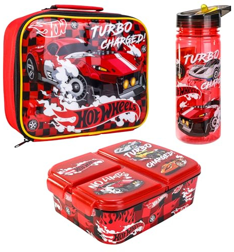 Hot Wheels Kids Lunch Box Set – School & Travel Snack Boxes Set of 3 | Insulated Lunch Bag, Lunch Box with Compartments & 580ml Water Bottle, Lunch Bag & Box Gift Set for Boys & Girls | BPA Free