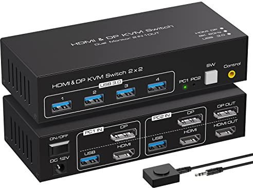 VPFET 8K@60Hz HDMI Displayport KVM Switch 2 Monitors 2 Computers 4K@120Hz Dual Monitor KVM Switches Two Computers Share 4 USB 3.0 port, Include DC12V Adapter, Desktop Controller, and 2 USB 3.0 Cables