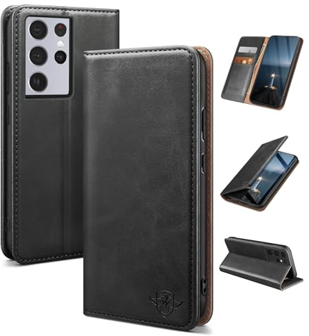 SUANDUCK for Samsung Galaxy S21 Ultra mobile phone case leather flip case with RFID-blocking card compartment, adjustable stand and 360° drop protection with Samsung S21 Ultra Black