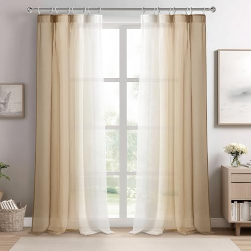 DWCN Taupe Farbverlauf Transparent Gardinen mit Kräuselband H245 x B140 cm | 2er Set, Zweifarbige Voile Vorhänge Schienensystem, Sheer Curtains für Wohnzimmer Schlafzimmer Balkon, Luftig Dekoschal