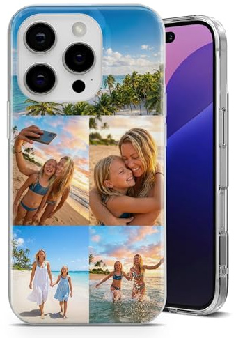 Personalised Phone Case for iPhone - Custom Photo Memory Collage 1-6 Photos with Name & Date - Clear TPU or Hybrid Upgrade - EU Printed Gift | 5 Photo Collage - Wedding & Valentine's Gift