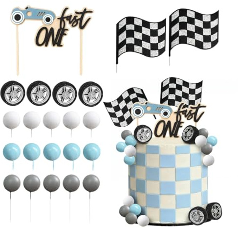22 Pcs Fast Race Car Cake Toppers,Racing Car Birthday Party Decorations with Checkered Flags Wheels and Balloons Racing Themed Party Supplies for Decorations for Cakes and Parties