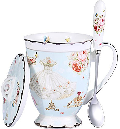 AWHOME Tea Cup and Lid and Spoon Set Royal Fine Bone China Coffee Mug 330ml Light Blue TeaCups